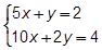 open brace 5 x plus y equals 2, 10 x plus 2 y equals 4